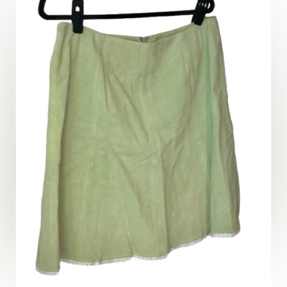 Vintage Suede Leather Green White Skirt Designer 80s 90s 14 XL Extra Large Boho